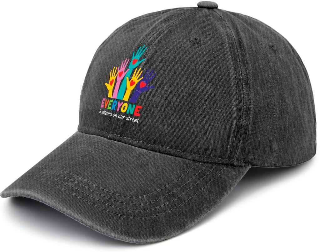 Everyone Is Welcome Rainbow Hands Baseball Cap Distressed Washed Adjustable Casual Polyester Hat for Adults