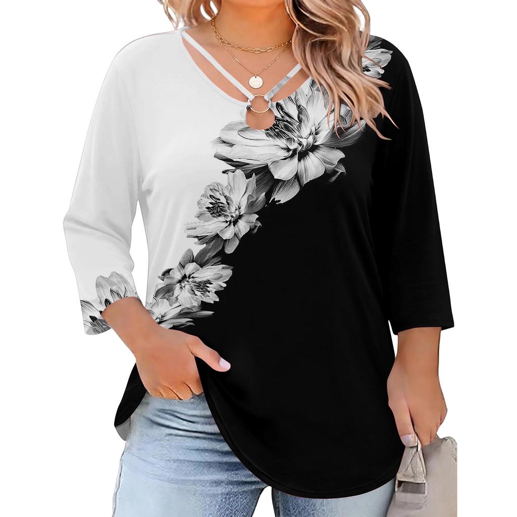 Blusa Floral Feminina Plus Size com Manga Três Quartos, Blusa Casual, Túnica de Corte Amplo para Primavera Verão, Uso Diário, Trabalho e Saídas