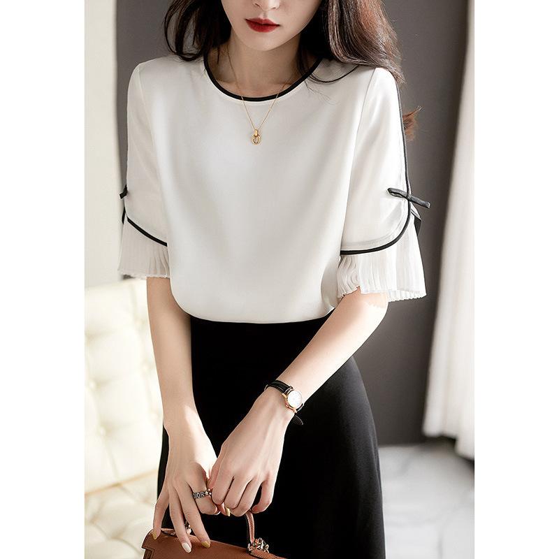 Women S Short Sleeve Round Neck Patchwork Blouse For Ladies S
