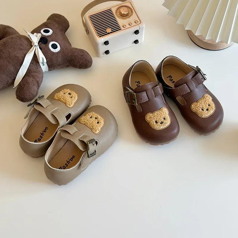 2024 Children Leather Casual Shoes for Girls Autumn New Fashion Korean Style Soft Bottom Cute Bear Anti-slippery Simple Flats