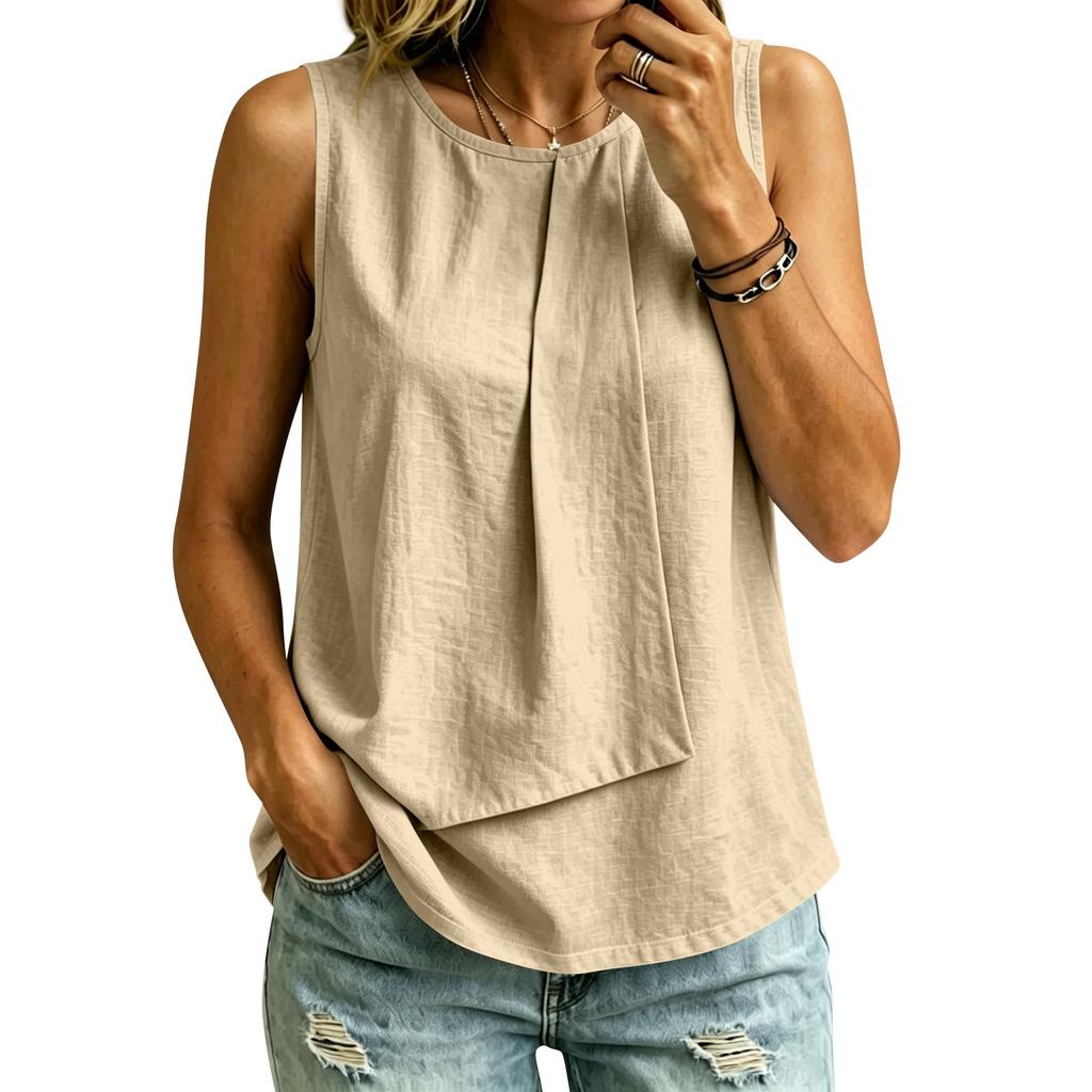 Women's Summer Sleeveless Top Round Neck Solid Color Casual Loose Fit Lightweight Blouse for Outdoor Indoor Wear