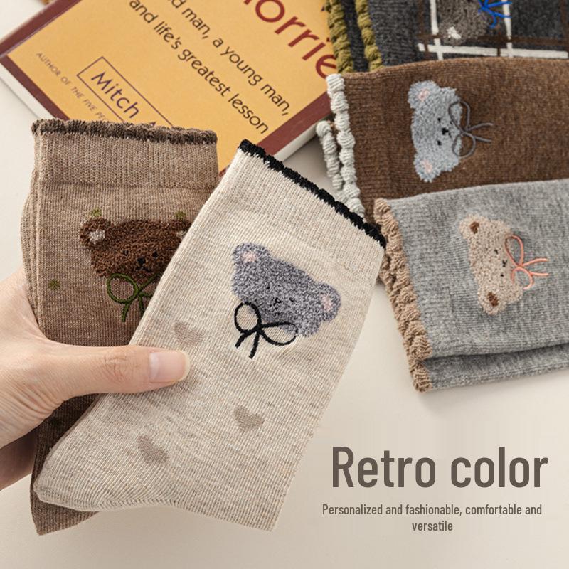 Women's Retro Embroidery Bear Socks - Thick Cotton, Breathable, Half-Fleece, Mid-Calf, Autumn/Winter.