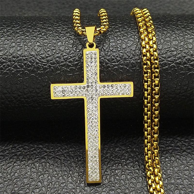Trendy Cross Rhinestone Pendant Necklace For Women Men Stainless Steel Silver Color Religion Catholic Chain Jewelry Gifts