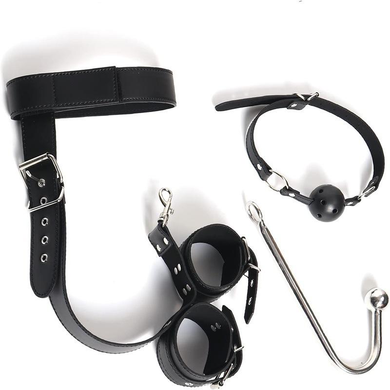 BDSM Metal Anal Hook Mouth Gag PU Leather Collar Neck To Wrist Restraints Kits Bondage Sex Toy Women Adjustable Back Handcuffs
