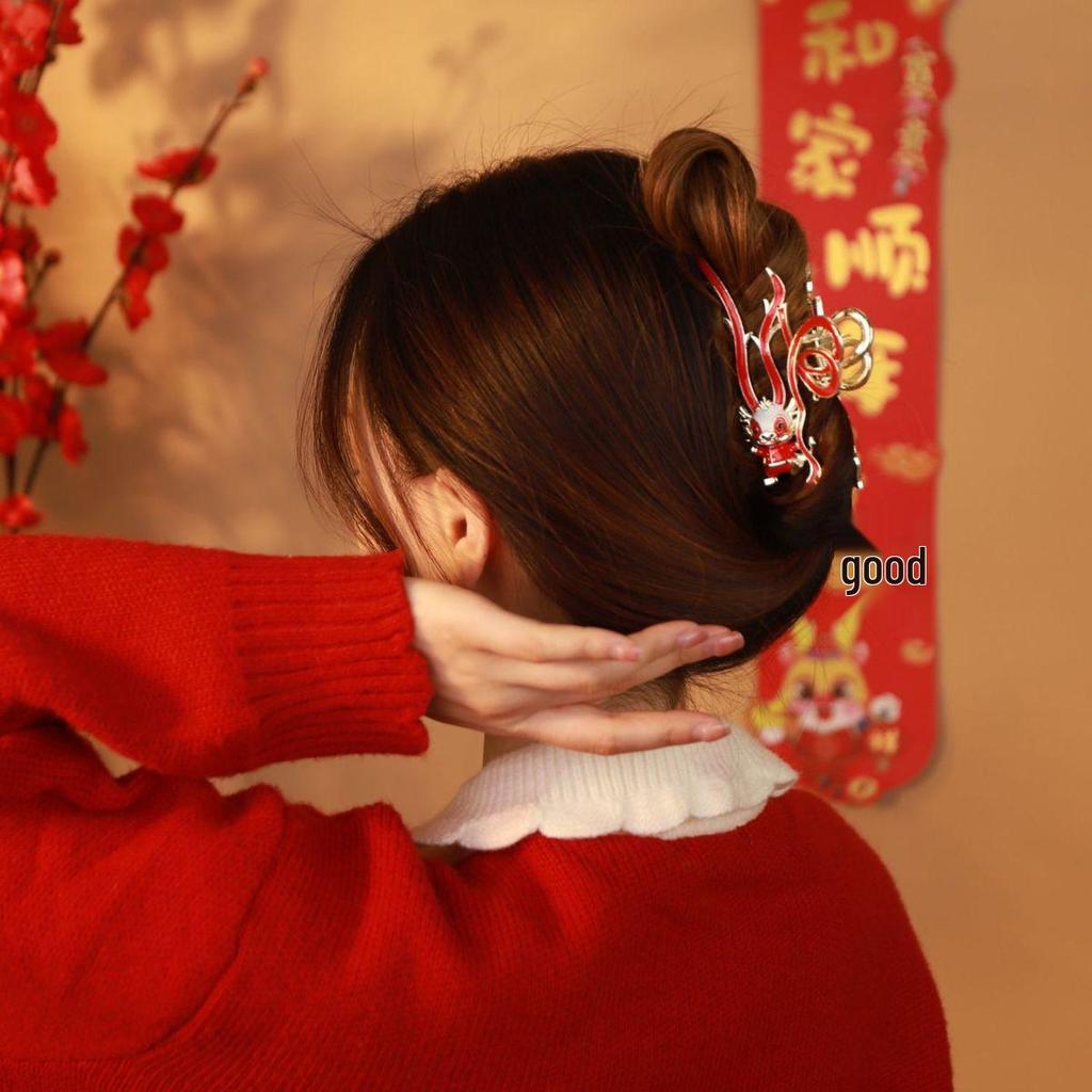 Ancient Style Mid-Autumn Festival Red Fu Dragon Zodiac Claw Clip - Versatile Large Shark Design