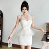 Women's Halter Neck Lace Mini Bow Tie Waist Ruffle Hem Party Cocktail Dress