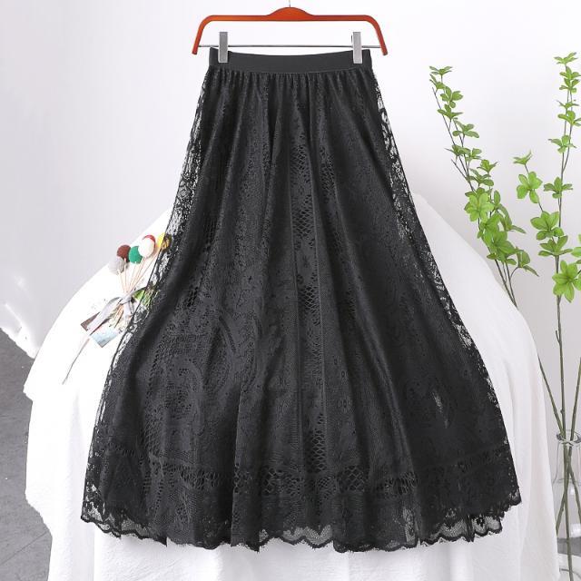 Saia Midi Evasê de Renda Bordada Jacquard Feminina Primavera Cintura Alta Saia de Temperamento de Comprimento Médio