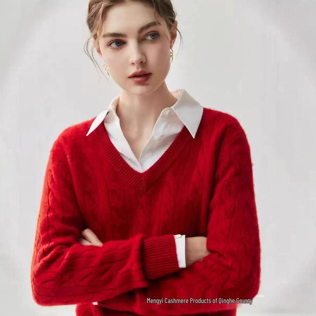 Meng Yi Women's Thick Cable Knit Cashmere V-Neck Sweater - Slimming, Elegant, Loose Fit for Autumn/Winter