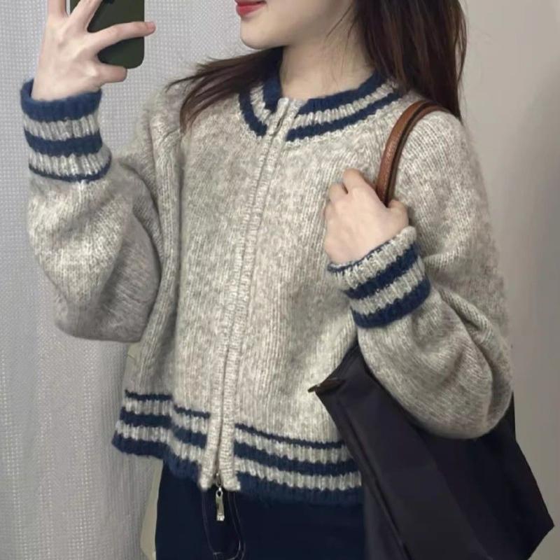 Women's Short Loose Crew Neck Cardigan Sweater Autumn & Winter Versatile Lazy Knit Stripe Zipper Jacket Top