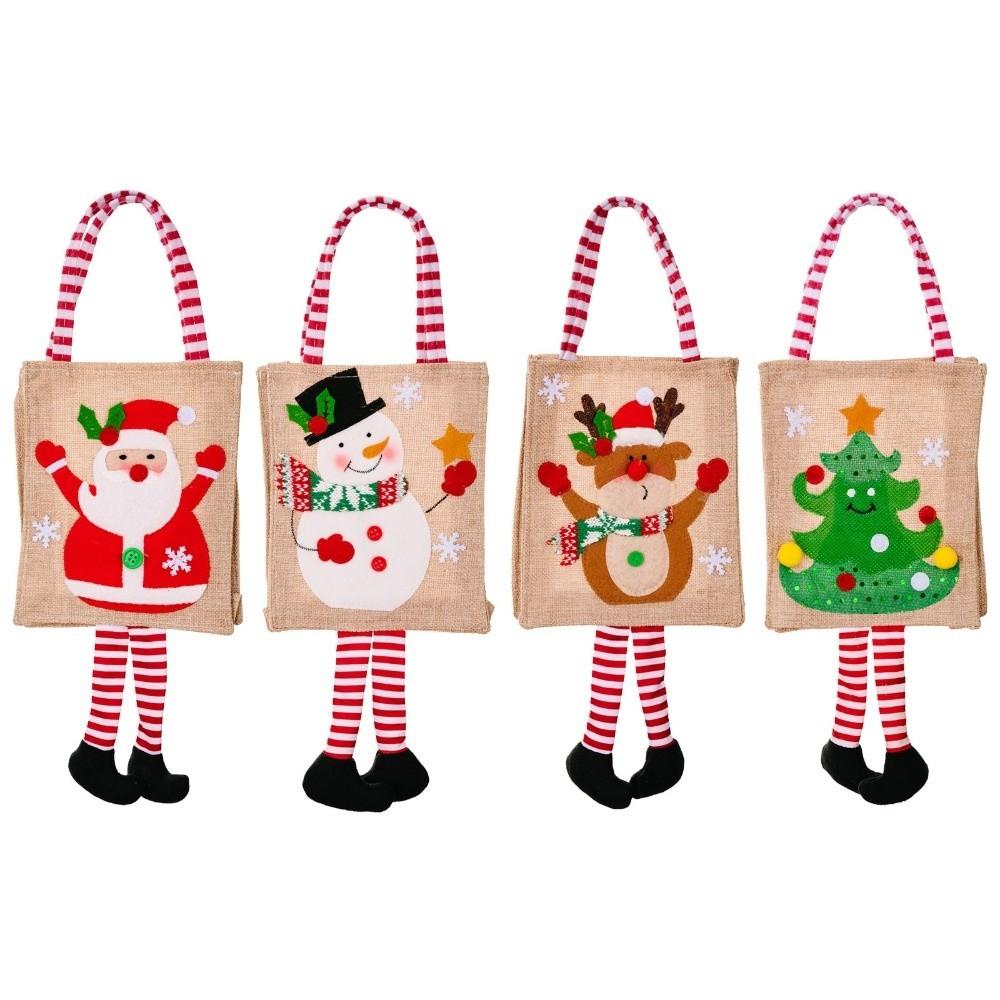 Cartoon Christmas Gift Bag Linen Reusable Xmas Gift Wrapper Santa Claus Snowman Christmas Decoration Long-legged Handbag