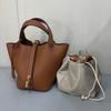 Luxury Large Capacity Genuine Leather Bucket Bag for Women, Full Grain Cowhide Fashion Handheld Tote Bag