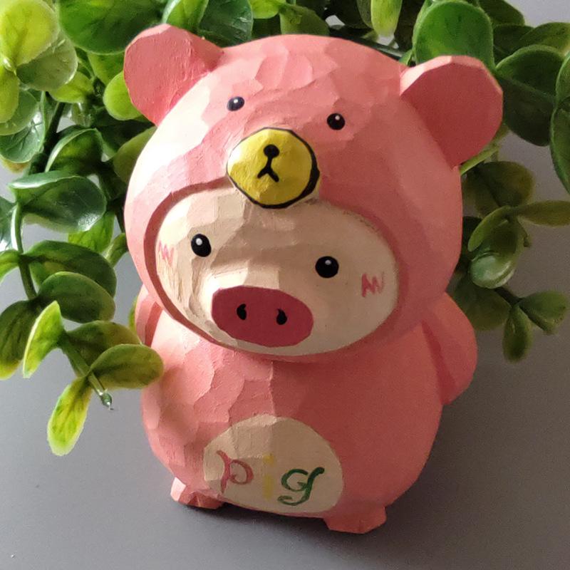 Cute Pink Pig Wood Carving Figurine - Hand-Carved Solid Wood Desk Decoration