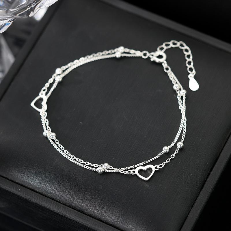 S925 Sterling Silver Double-layer Heart-shaped Bracelet for Women's Ins Summer, Fresh, Simple, Cute and Sweet Heart-shaped Best