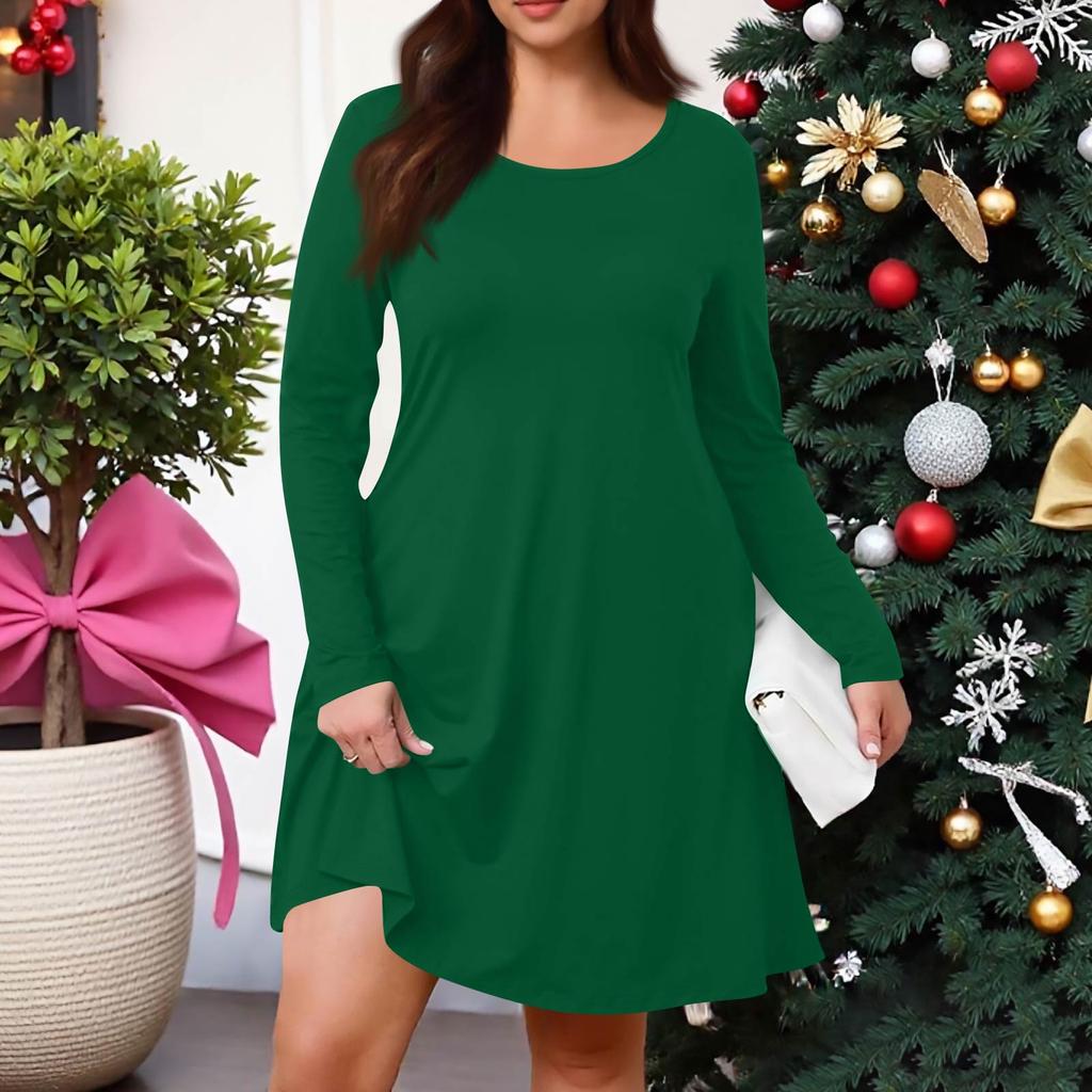 Plus Size Women's Solid-Colour Casual Dress Spring Pocket Round Neck Long-Sleeved Dress