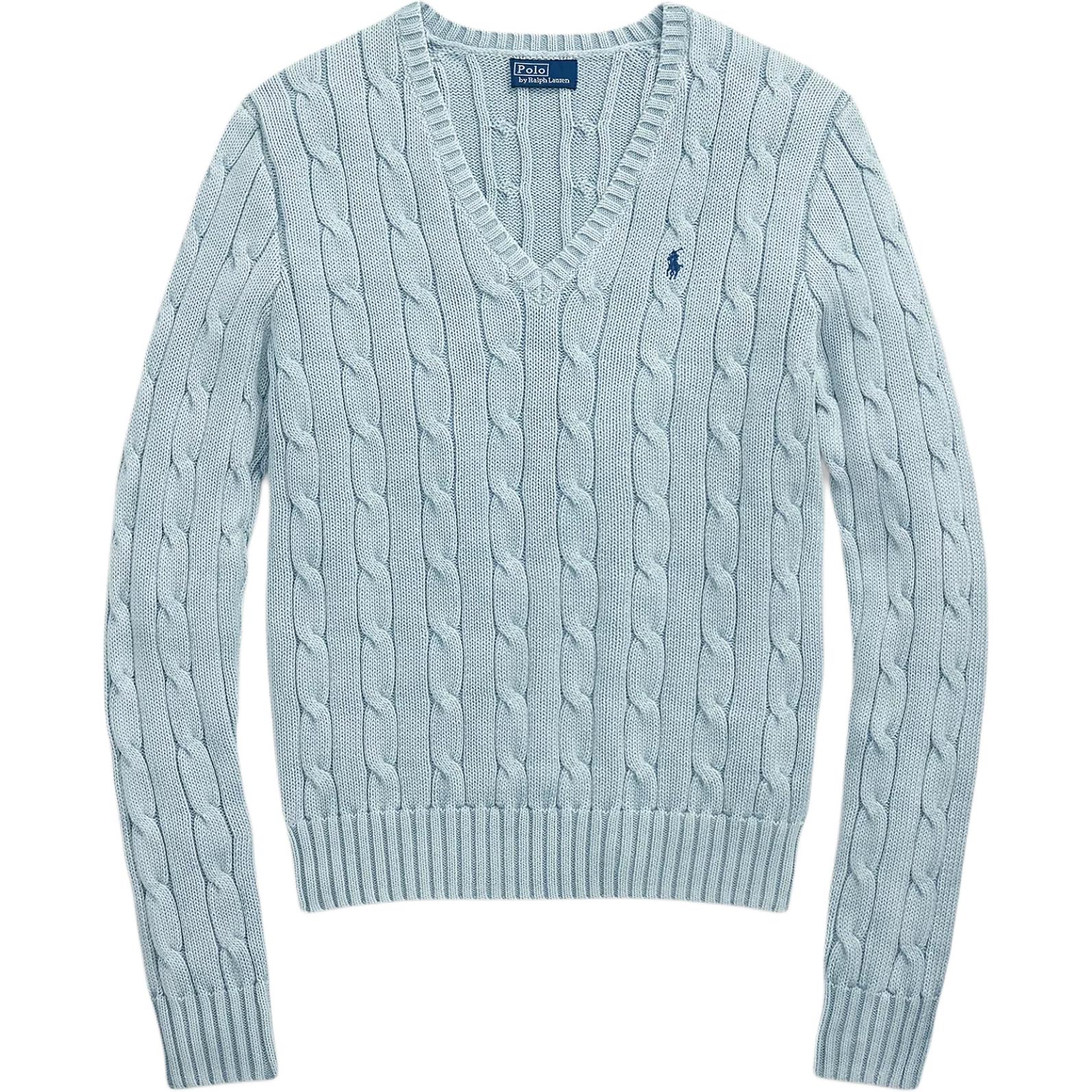 

Женский вязаный свитер Polo Ralph Lauren однотонный с V-образным вырезом, приталенного кроя, с длинным рукавом, светло-голубой 211935305006 S