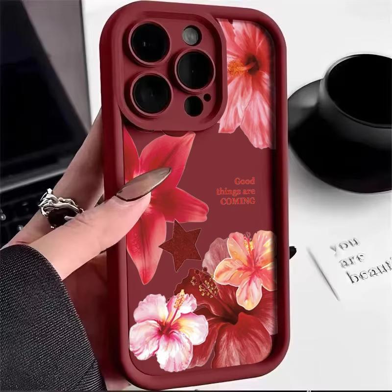 Wine Red Flower Print Soft Phone Case For iPhone 16 15 Pro Max 14 15 Plus 13 12 11 16E XR X XS Max 8 7 Plus SE2 Shockproof Cover