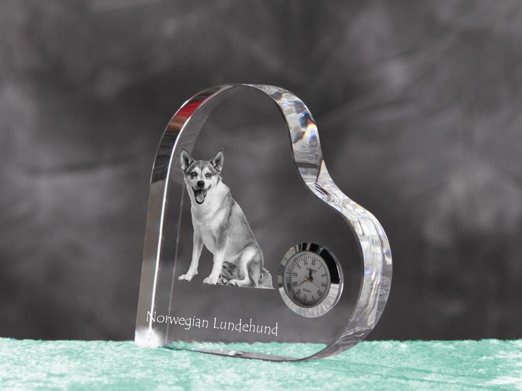 Norwegian Lundehund, Norsk Lundehund – Crystal clock with a dog picture, heart-shaped shelf clock | Art-Dog