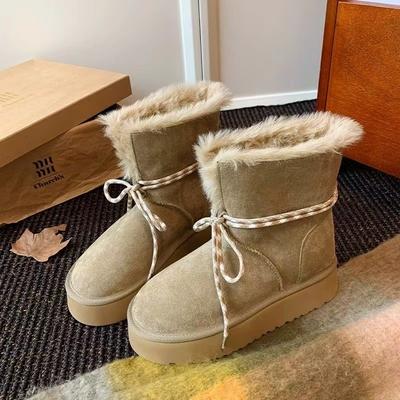 Damen Winterstiefel mit dickem Absatz, lockigem Fell, Herbststil, extra dickes Kunstwildleder, Schneestiefel, runde Spitze, knöchelhoch