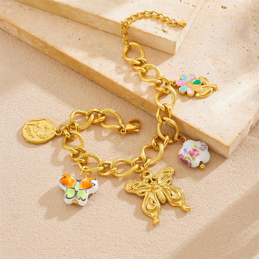 DIEYURO 316L Stainless Steel Golden Hollow Butterfly Colored Rose Flower Bracelet For Women New Classic Wrist Chain Jewelry Gift