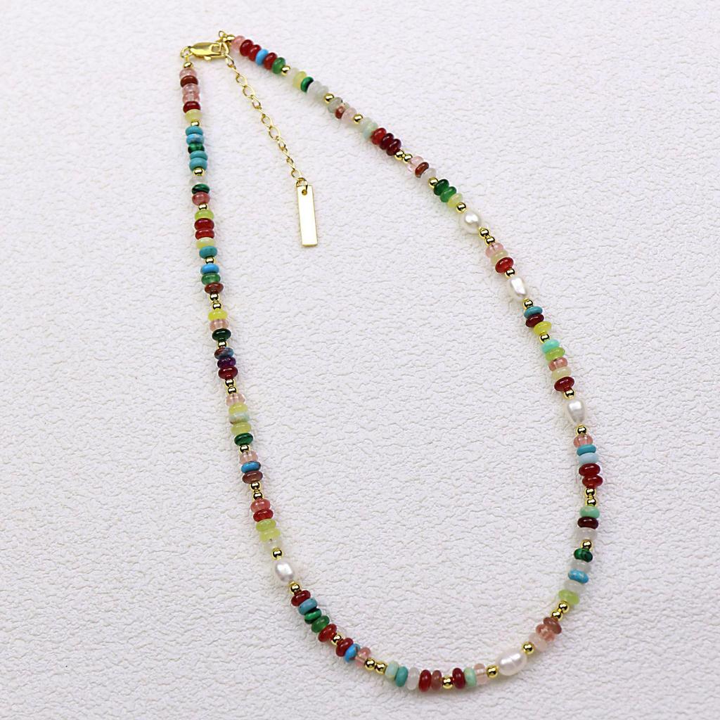 Colorful Natural Stone & Pearl Dopamine Beaded Necklace - Women's High-End Choker