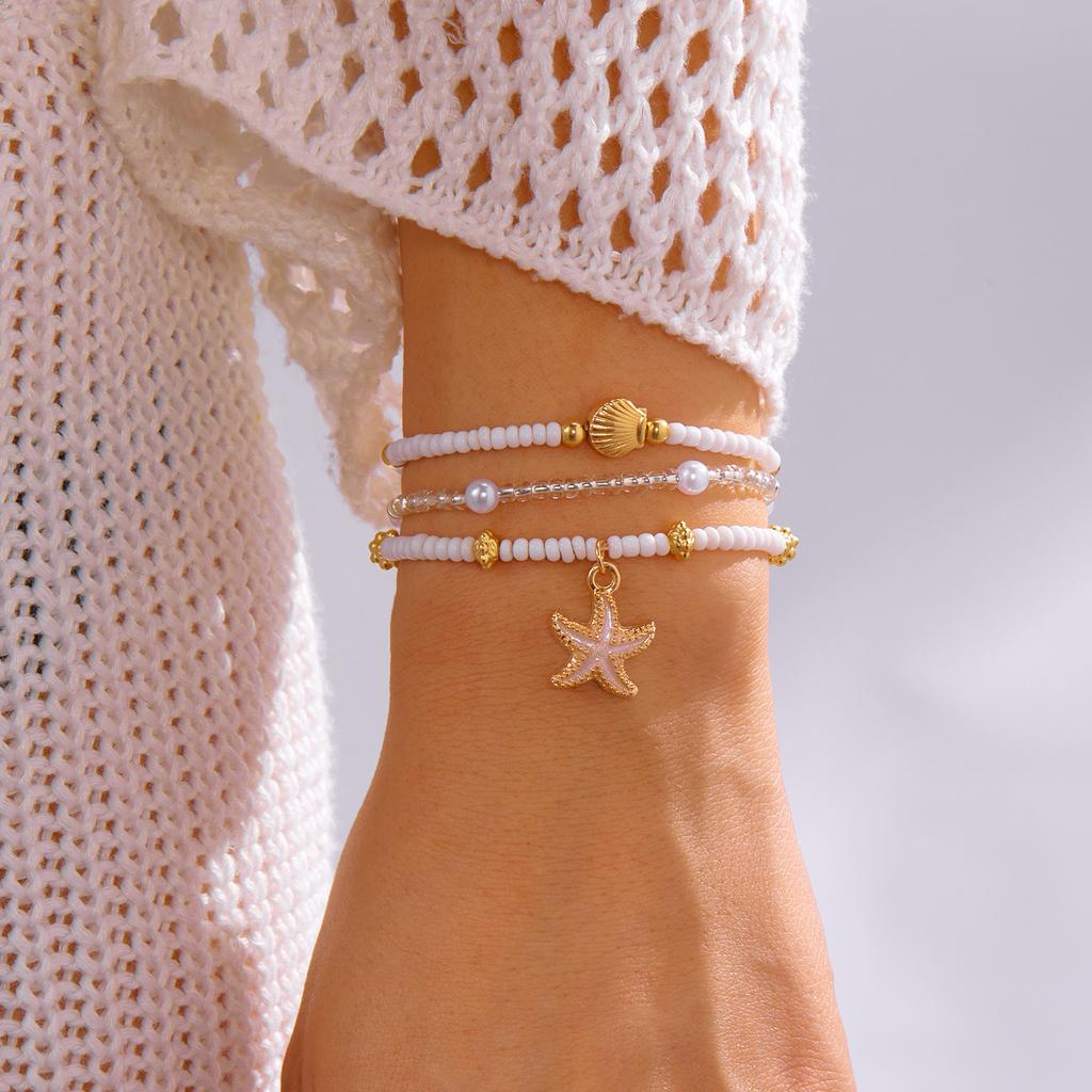 Women's Bohemian Starfish Shell Heishi Beads Bracelet Dainty Crushed Stone Braided Rope Chain Stackable Party Jewelry Gift