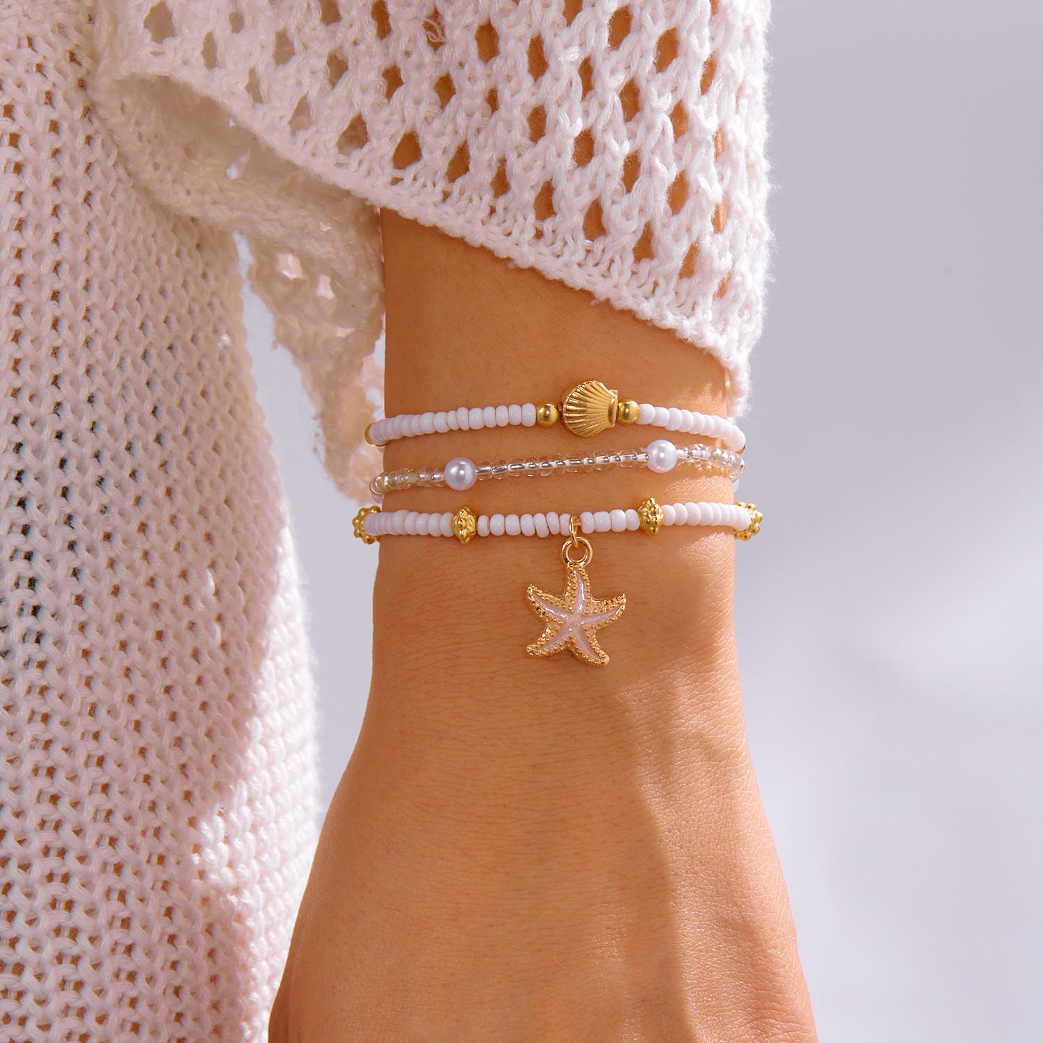 

3 Pcs Bohemian Shell Starfish Bead Bracelet Set for Women Fashion Summer Beach Multilayer Stacked Pearl Bracelets Party Jewelry