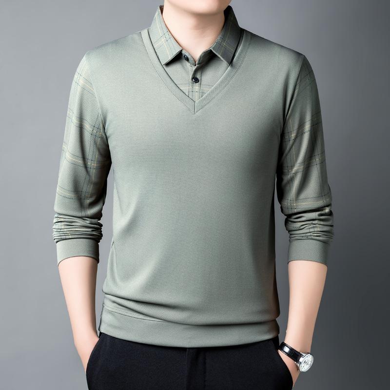 Pánská ležérní pletená košile s dlouhým rukávem a fleecovou podšívkou, vyšívaná kostka, vzhled vrstvení, klopový límec, mírně pružná tkanina na podzim/zimu