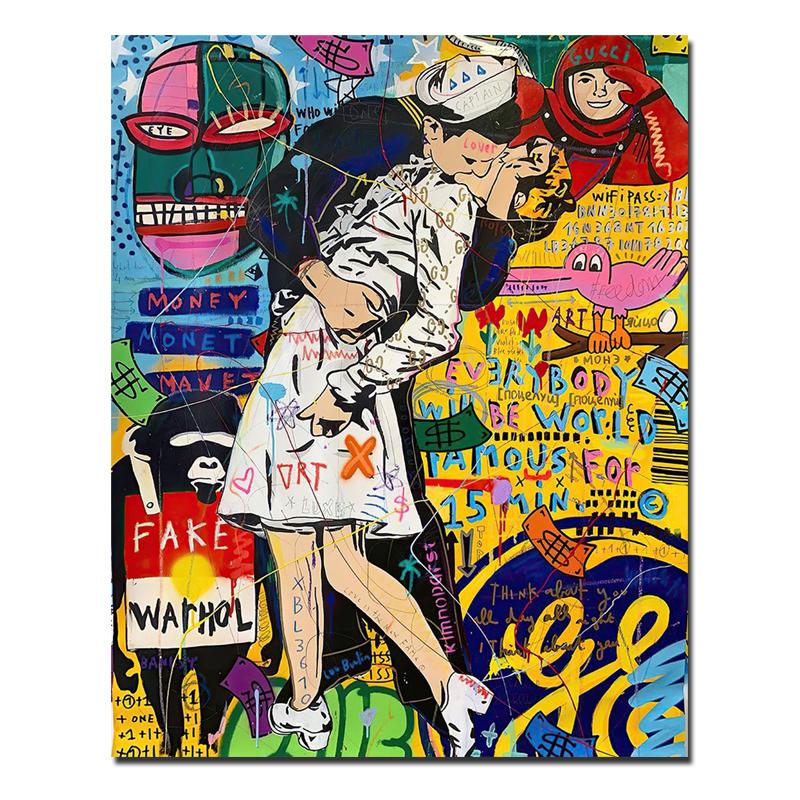 Pictură tipărită pe pânză Graffiti Street Kissing Couple Picture Artă de perete pentru living tablouri Cuadros Home Decor Poster