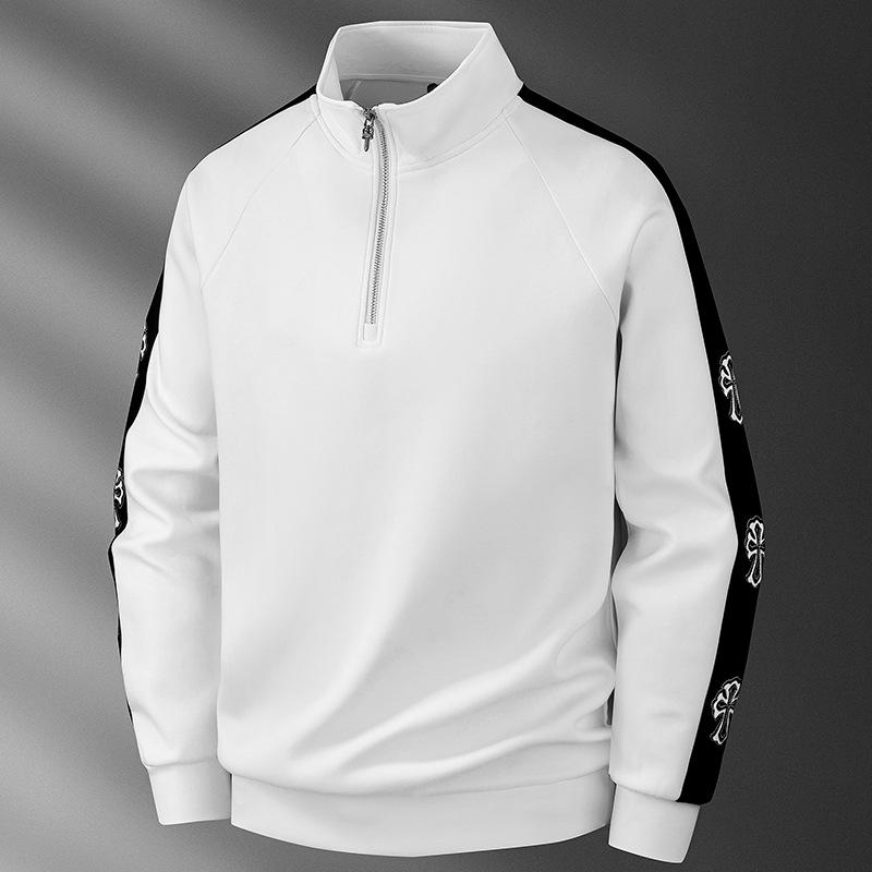 Men s Trendy Black & White Patchwork Half-Zip Stand Collar Hoodie, Autumn/Winter Embroidered Long Sleeve 3XL