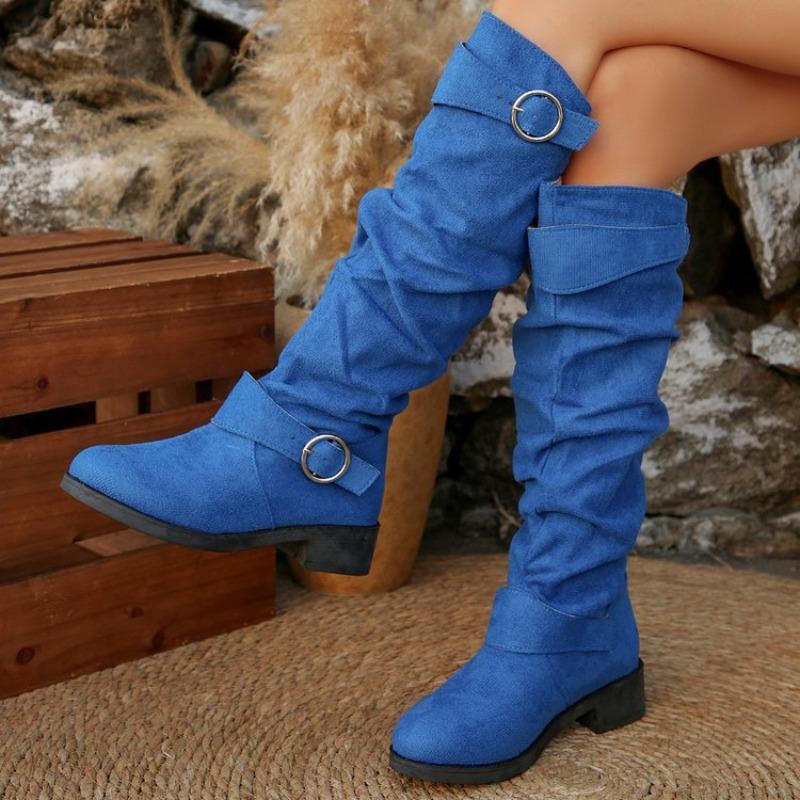 Fashion autumn and winter new low-heeled pleated women's leather boots Western cowboy medium boots women's boots
