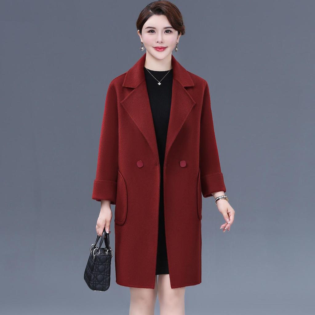 Mom's Stylish Mid-Length Double-Faced Cashmere Wool Coat for Autumn & Winter - High-End, Loose Fit for Middle-Aged Women
