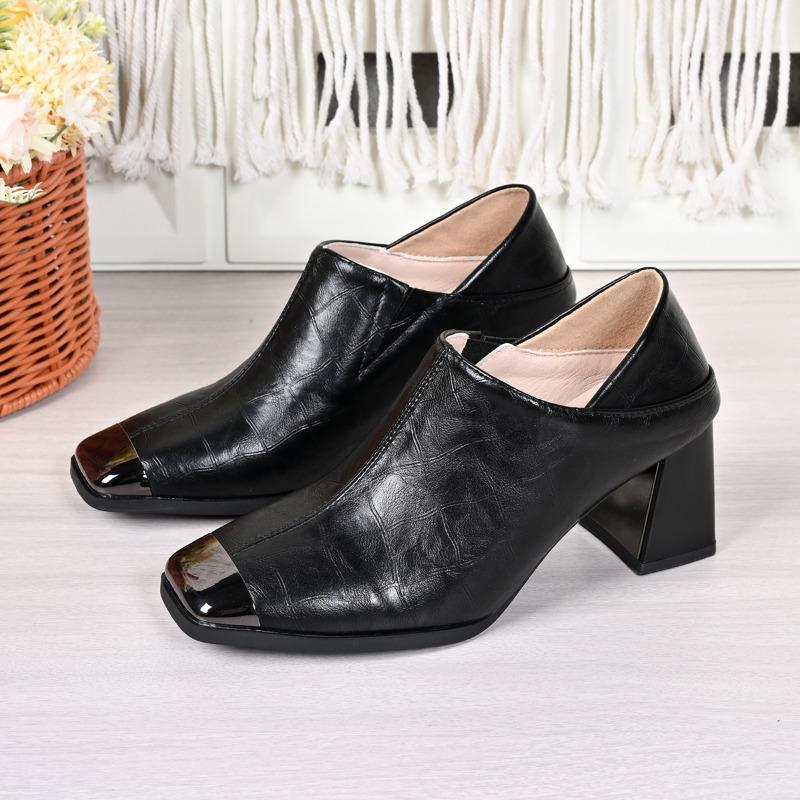 

Fashion 2025 French Deep Mouth Single Shoes Spring and Autumn Metal Spring and Autumn Soft Leather Square Toe Temperament High Heels 40 чёрный