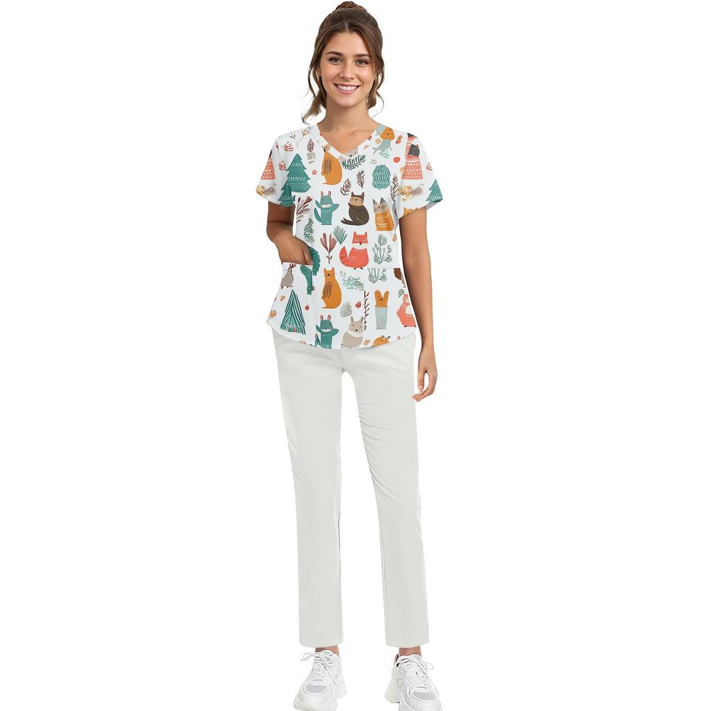 Magliette da lavoro taglie forti, uniformi da lavoro stampate per donne, scollo a V incrociato, stampa di Halloween, maniche corte, divertenti, t-shirt da lavoro con tasche