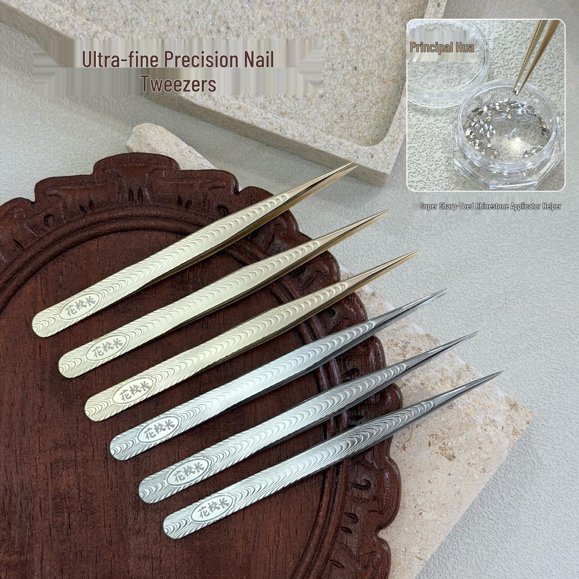Precision Nail Art Tweezers & Rhinestone Holder, Double-Ended Tool Gold Precision Pointed Tweezers