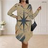 Women Plus Size V Neck Long Sleeve Printed Loose Fit Curved Hem Dress