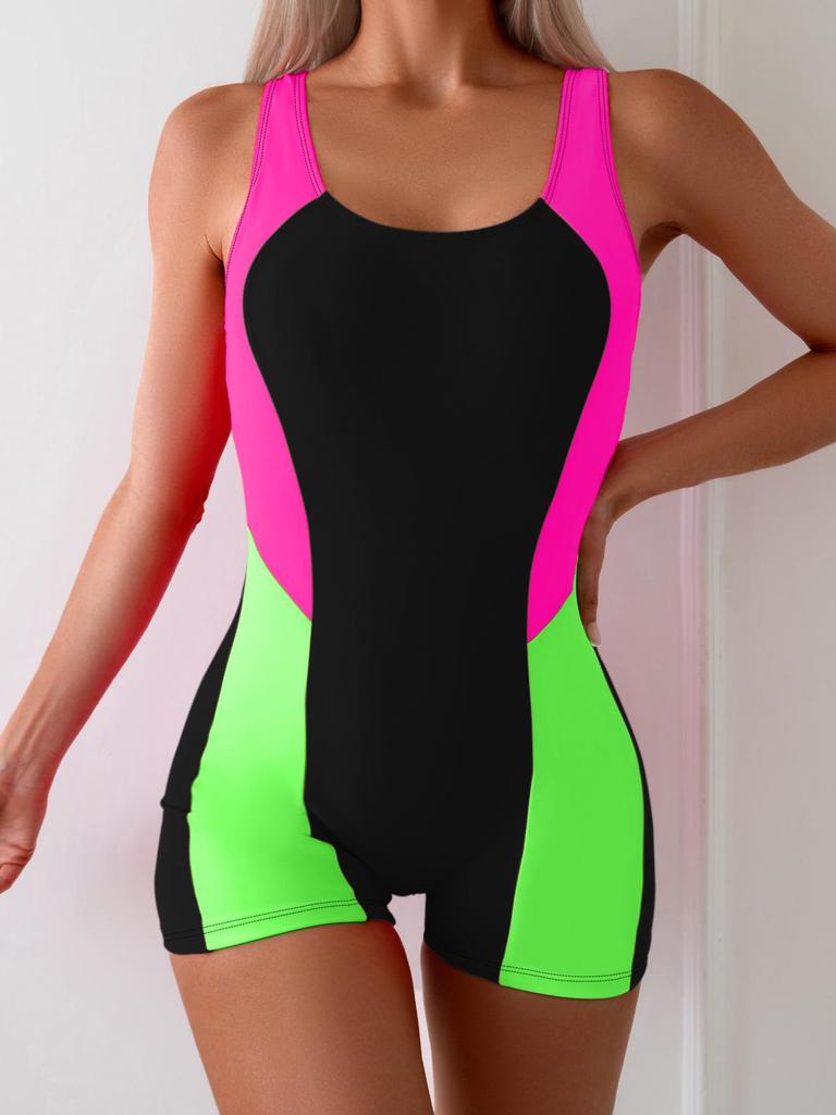 2024 Tri-Color Contrast One-Piece Competitive Swimsuit Shorts - Euro-American Style