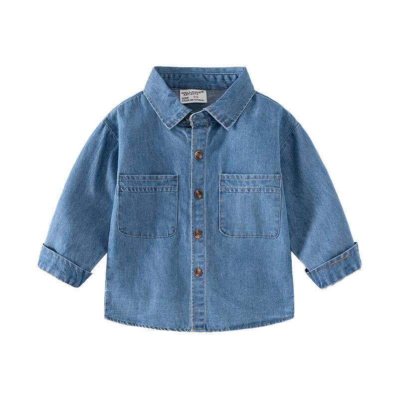 Camisa de Mezclilla para Niños Manga Larga Algodón Lavado Informal Botones Arriba Top de Primavera para Niños