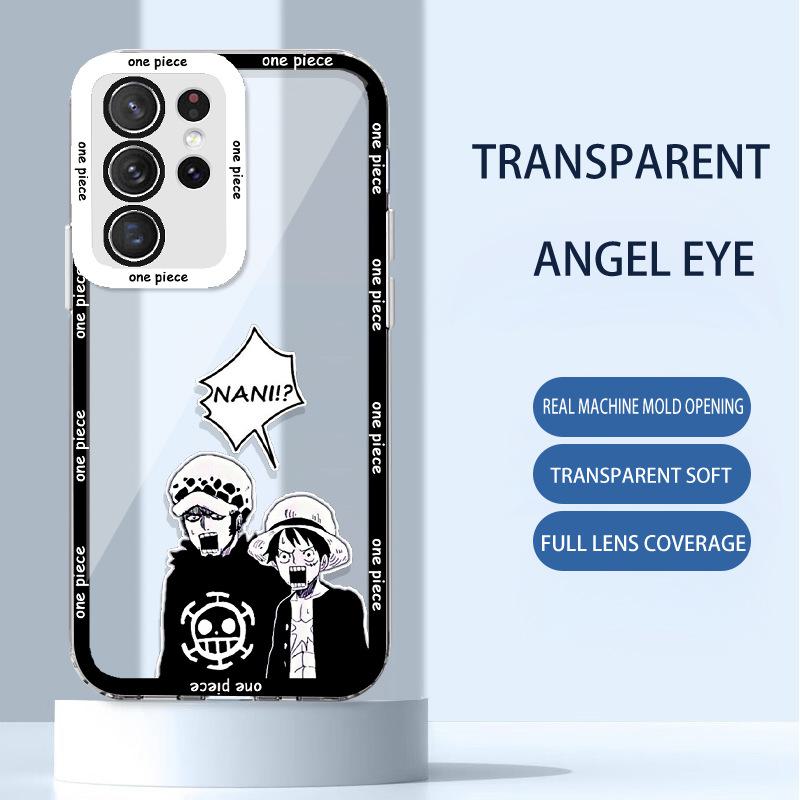 Anime Transparent Phone Case for Samsung S22, A32, M11 Featuring Luffy, Zoro, Goku, and Dragon Ball Characters.