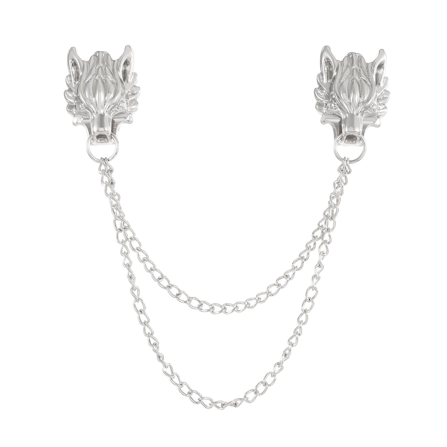 Wolf Head Double Chain Brooch Retro Style Lapel Pin with Double Layer Chain for Men