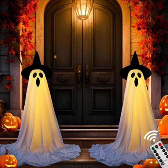 Yousheng Halloween Ghost Decoration Outdoor Standing Ghost with Witch Hat Light Up Spooky White Cloth Ghost for Porch Yard Garden Lawn Decor