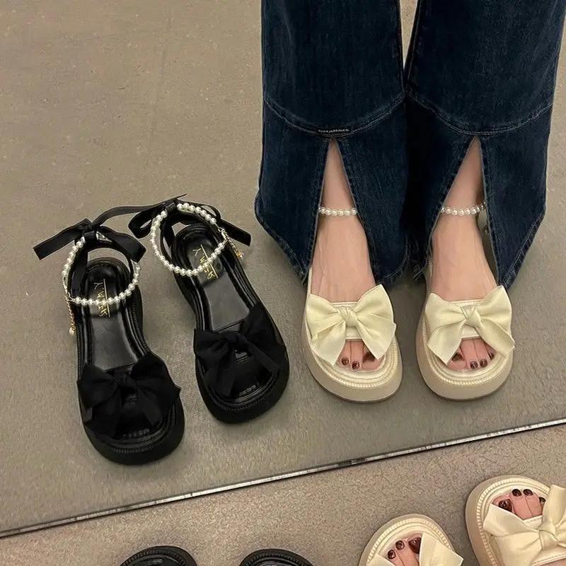 Fashion Comfort Shoes for Women Pearl Sandals Suit Female Beige Increasing Height Block Heels All-Match Black Bow 2024 Fashion Chunky Gi