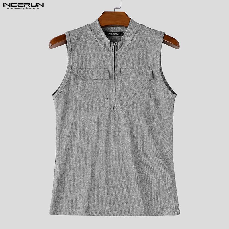 INCERUN Camisetas sin mangas casuales ajustadas con cremallera para hombre