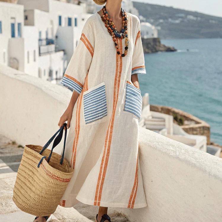 Summer Elegant Plus Size Kaftan Maxi Dress V Neck Half Sleeve Geometric Print Loose Fit Flowy Big Swing Casual Beach Vacation Holiday Long Dress
