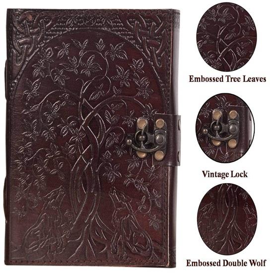 Leather Diary Journey Double Wolf Diary With Lock For Artist Sketchbook,Scrapbook,Drawing,Writing 17.78 X 12.7 Cm 240 Pages