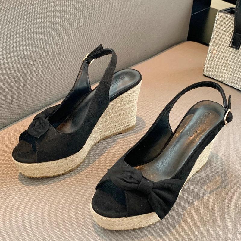 

Fashion 2025 Summer New Bow Wedged Straw Thick Bottom Increase Waterproof Platform Fashion High Heels Fish Mouth Sandals Female 39 чёрный