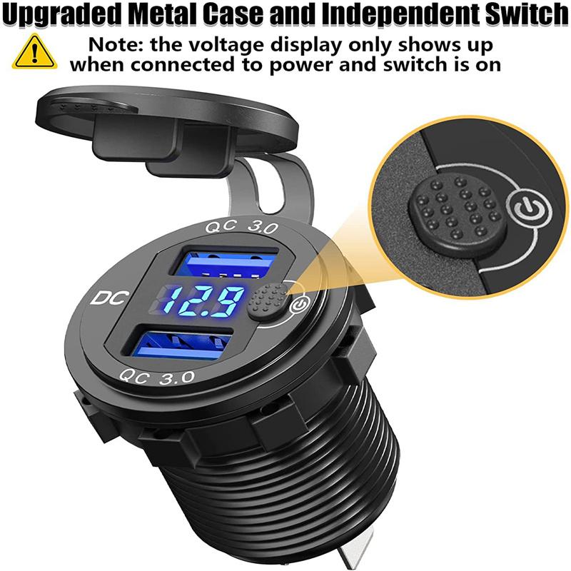 Quick Charger Aluminum Qc3.0 Dual Usb Car Charger With Switch Button Led Voltage Display For 12V/24V Cars Boats Motorcycle