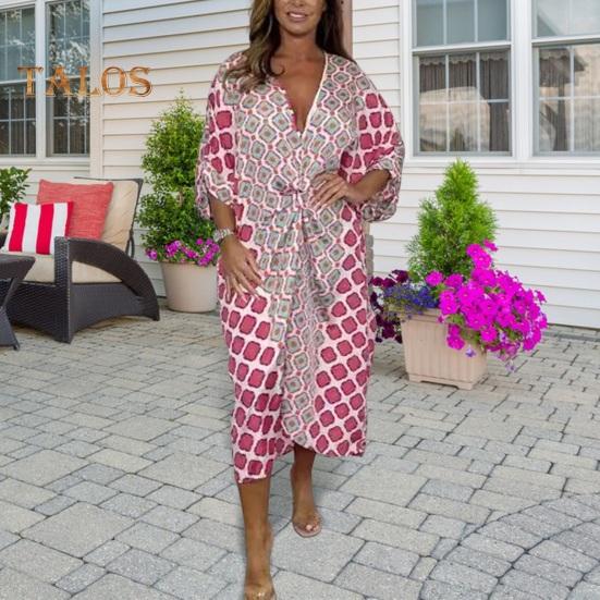 

Женское платье с V-образным вырезом, геометрическим принтом, больших размеров, свободный узел, плиссировка, тонкая талия, рукава три четверти, длина до середины икры, повседневное миди-платье M красный