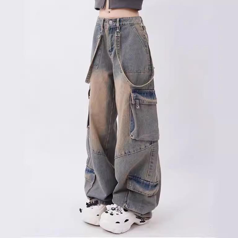 Women Blue Oversize Cargo Jeans Harajuku Vintage Baggy Y2k Denim Trouser Aesthetic Wide Jean Pants Trashy Clothes