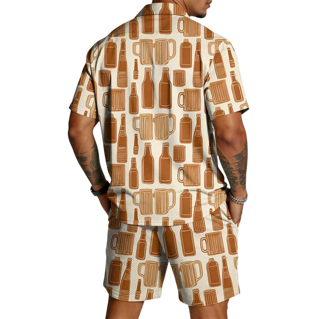 Men's Casual Short Sleeve Shirt and Shorts Set Beer Festival Print Lightweight Breathable Summer Outfit for Outdoor Activities