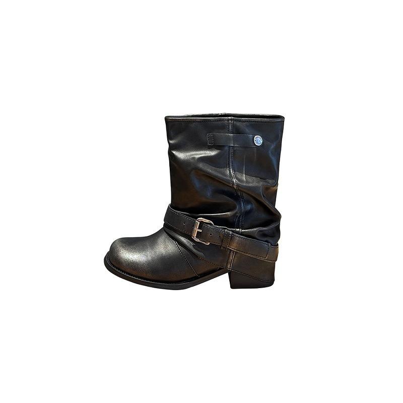 Cowhide Western Jeans Tube Boots Women's Pleated Pile Black Wipe Round Head Vintage Thick Heel Knight Martin Boots